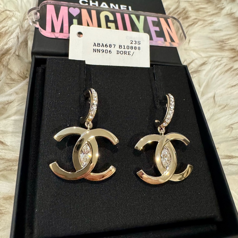 CHANEL Gold Crystal Drop Earrings